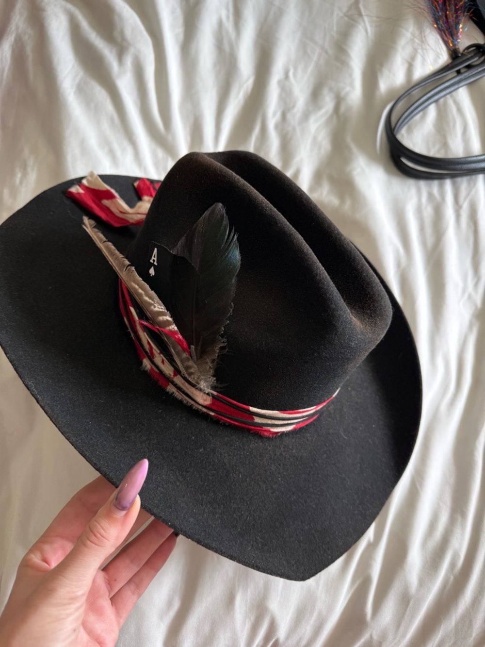 Black Feathered Wool Fedora Hat with Red Trim